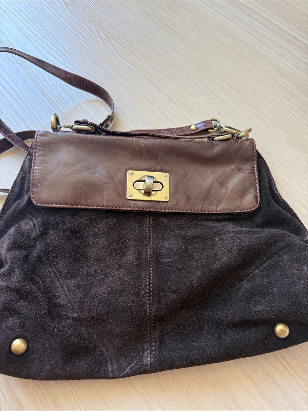 Women's Brown Suede and Leather Crossbody Bag - Turn-Lock Closure